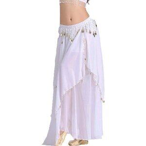 Women's Chiffon Belly Dance Skirt Indian Dance White Costume with Comfy Coins